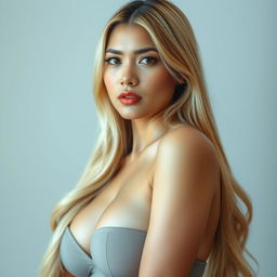 A beautiful Indonesian woman exuding confidence and grace, with long blonde hair cascading down her shoulders