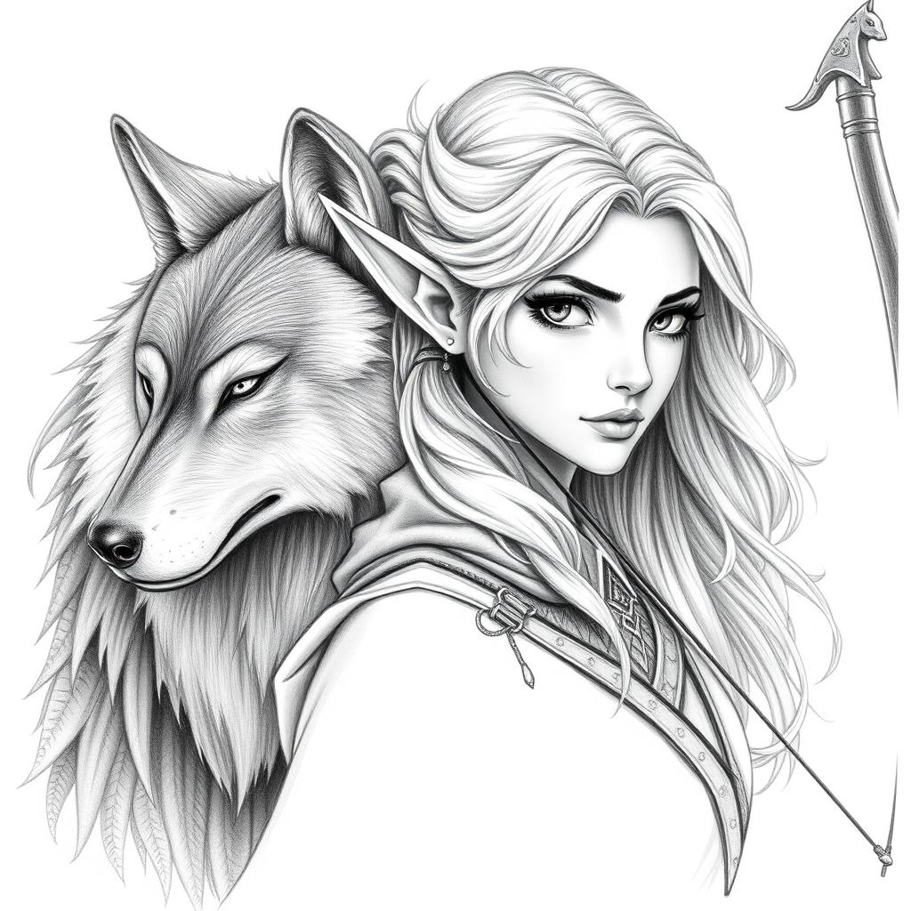 A beautiful portrait of a female elf character with small pointed ears, depicted as an archer alongside a loyal wolf companion