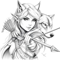 A beautiful portrait of a female elf character with small pointed ears, depicted as an archer alongside a loyal wolf companion