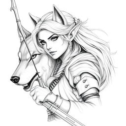 A beautiful portrait of a female elf character with small pointed ears, depicted as an archer alongside a loyal wolf companion