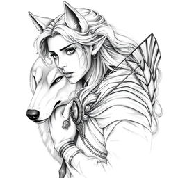 A beautiful portrait of a female elf character with small pointed ears, depicted as an archer alongside a loyal wolf companion