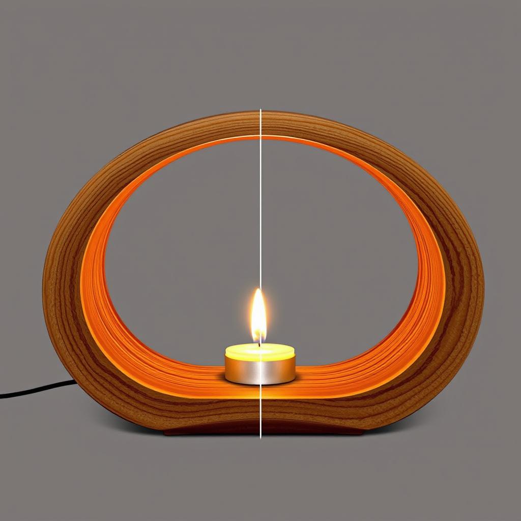 An infinity vision lamp designed with warm wood tones, featuring a glowing candle at its center