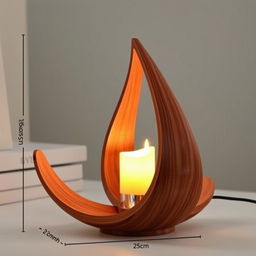 An infinity vision lamp designed with warm wood tones, featuring a glowing candle at its center