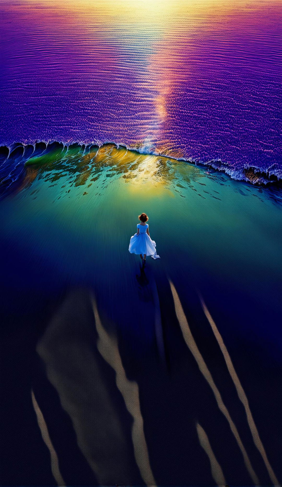 Hyper-realistic multidimensional rendering of an upside-down ocean landscape with a woman in white walking on sand. The scene is bathed in an extremely detailed sunrise with exaggerated colors and everything appears wet.