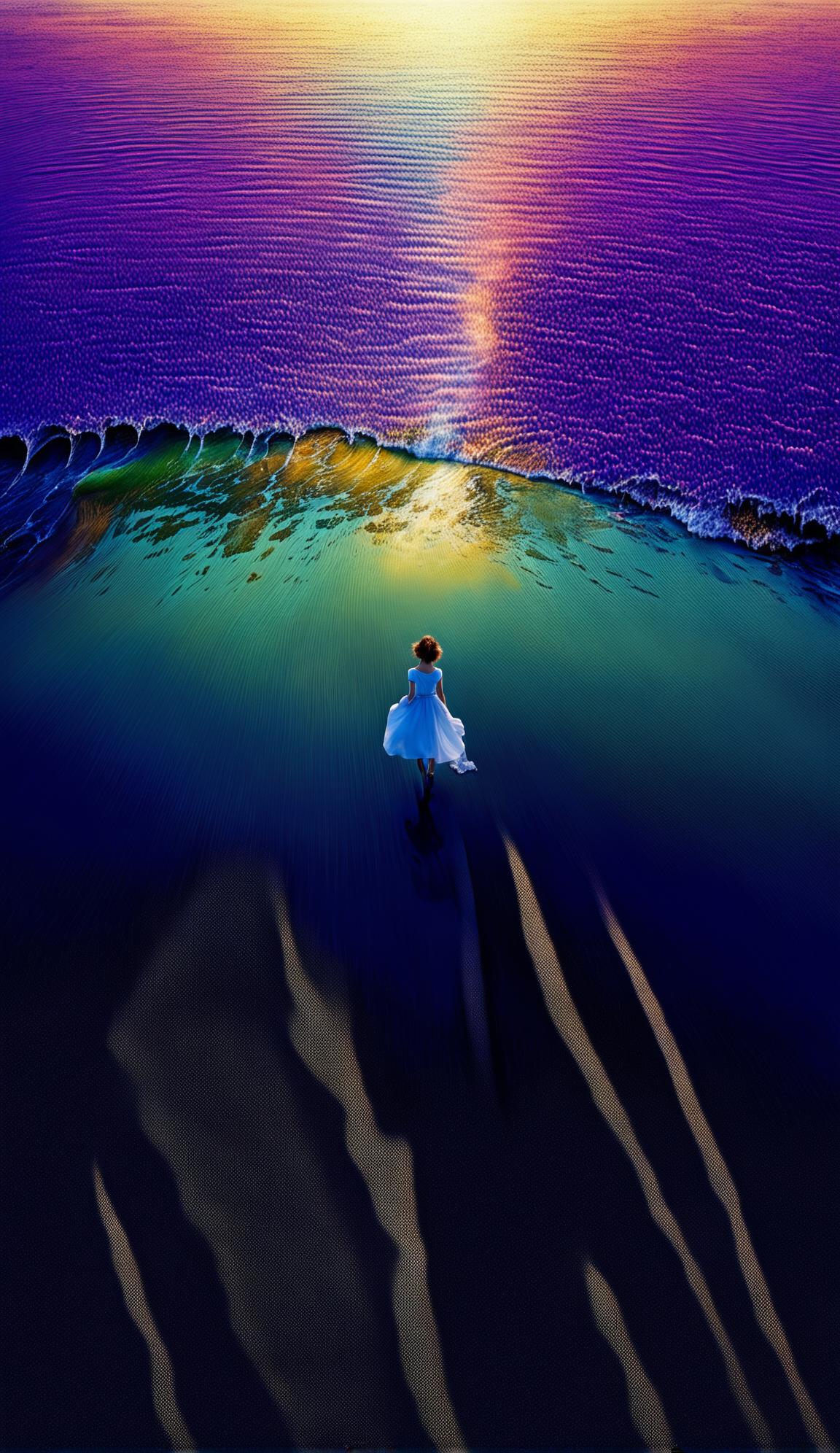 Hyper-realistic multidimensional rendering of an upside-down ocean landscape with a woman in white walking on sand. The scene is bathed in an extremely detailed sunrise with exaggerated colors and everything appears wet.