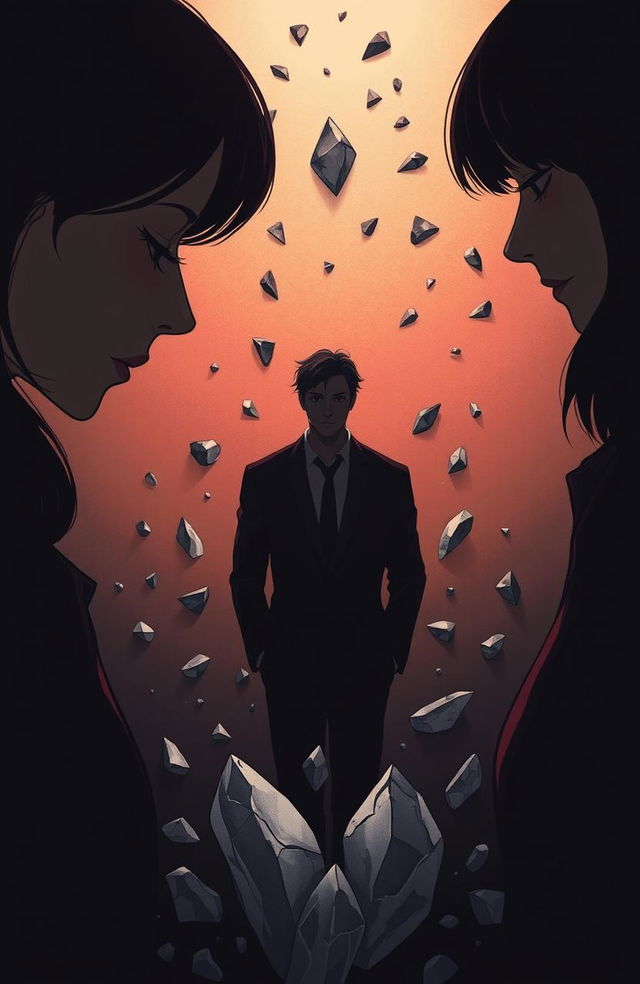 A dramatic illustration in dark tones representing a love triangle