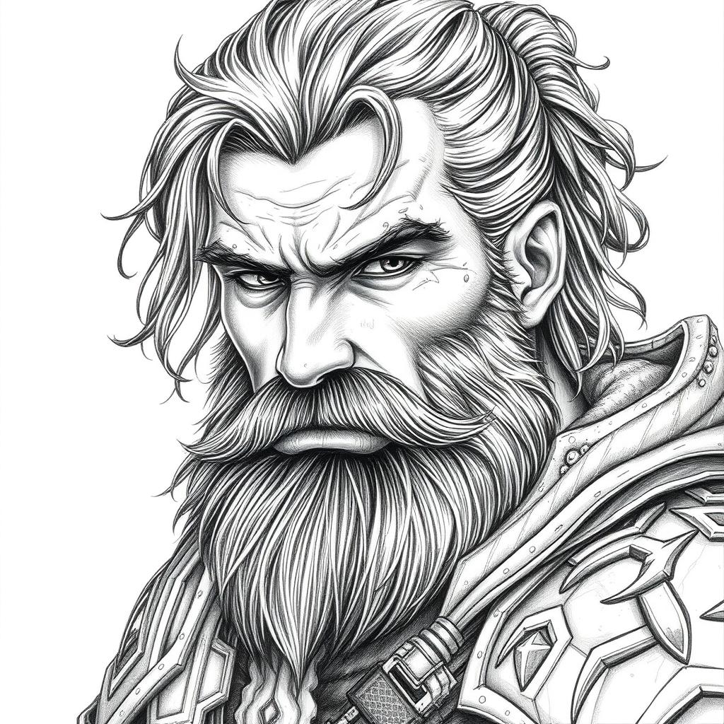 A portrait of a rugged human male warrior, featuring a full beard and a determined expression