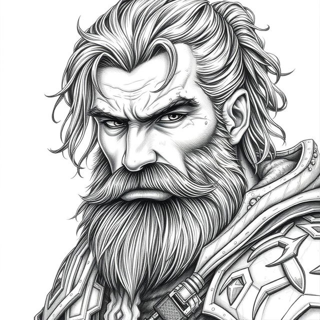 A portrait of a rugged human male warrior, featuring a full beard and a determined expression