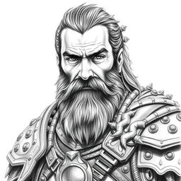 A portrait of a rugged human male warrior, featuring a full beard and a determined expression