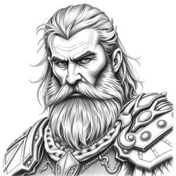 A portrait of a rugged human male warrior, featuring a full beard and a determined expression