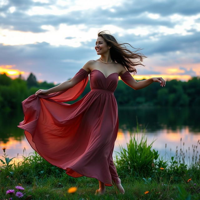 A beautiful woman dancing gracefully by a serene lakeside