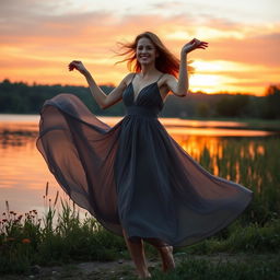 A beautiful woman dancing gracefully by a serene lakeside