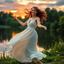 A beautiful woman dancing gracefully by a serene lakeside