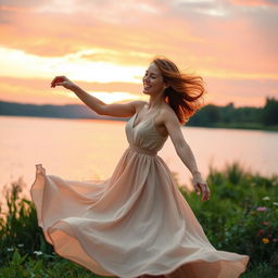 A beautiful woman dancing gracefully by a serene lakeside