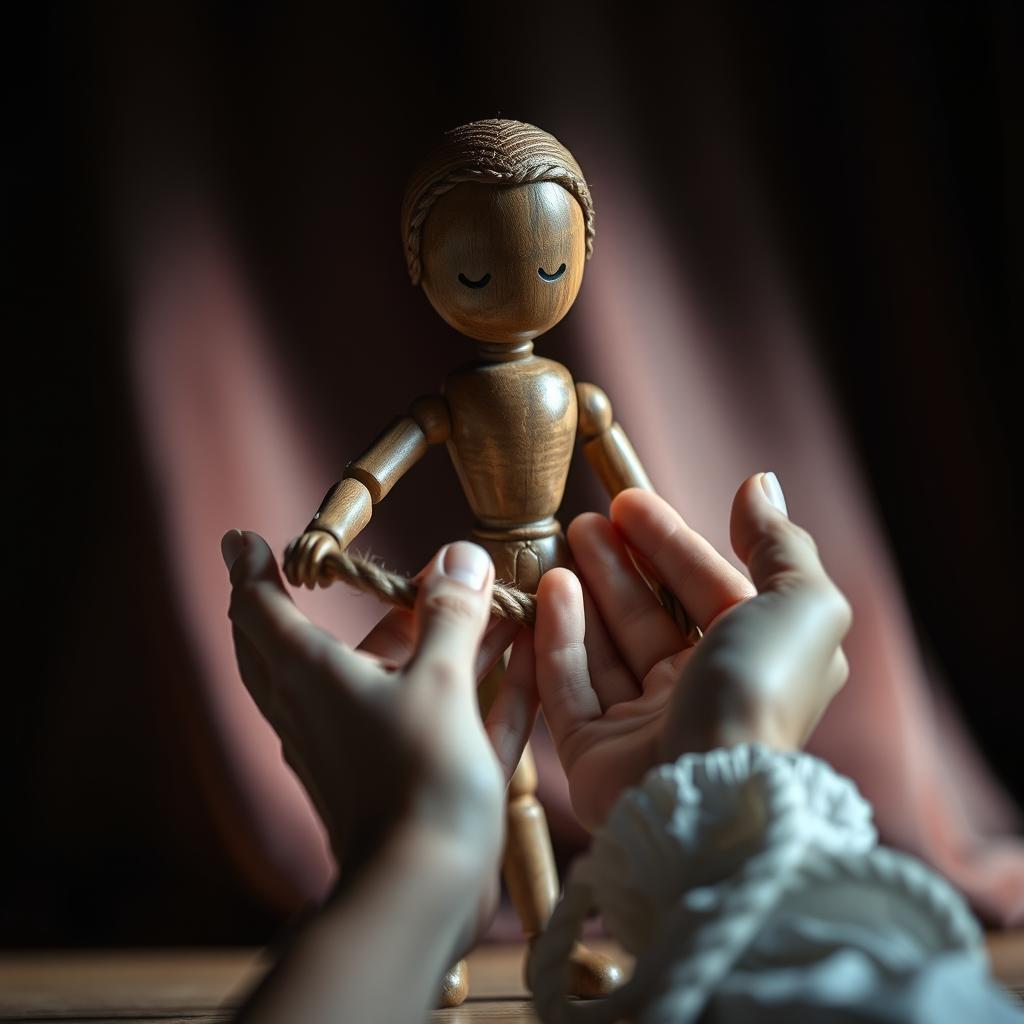 A wooden doll with intricate carvings and a polished finish, situated on a stage