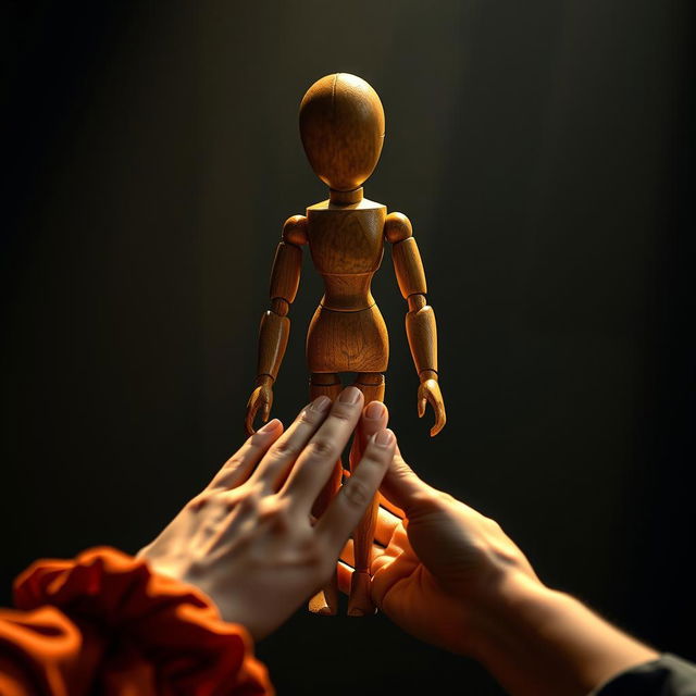 A wooden doll with intricate carvings and a polished finish, situated on a stage