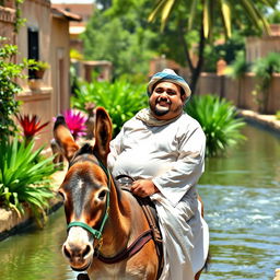 A plump man wearing a traditional jilbab, cheerfully riding atop a donkey while walking along a picturesque canal