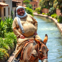 A plump man wearing a traditional jilbab, cheerfully riding atop a donkey while walking along a picturesque canal