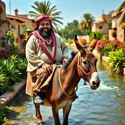 A plump man wearing a traditional jilbab, cheerfully riding atop a donkey while walking along a picturesque canal