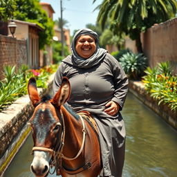 A plump man wearing a traditional jilbab, cheerfully riding atop a donkey while walking along a picturesque canal