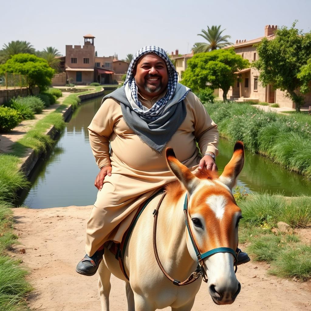 A plump man wearing a traditional jilbab, happily riding on top of a donkey while strolling in front of a scenic canal in rural Cairo