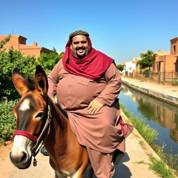 A plump man wearing a traditional jilbab, happily riding on top of a donkey while strolling in front of a scenic canal in rural Cairo