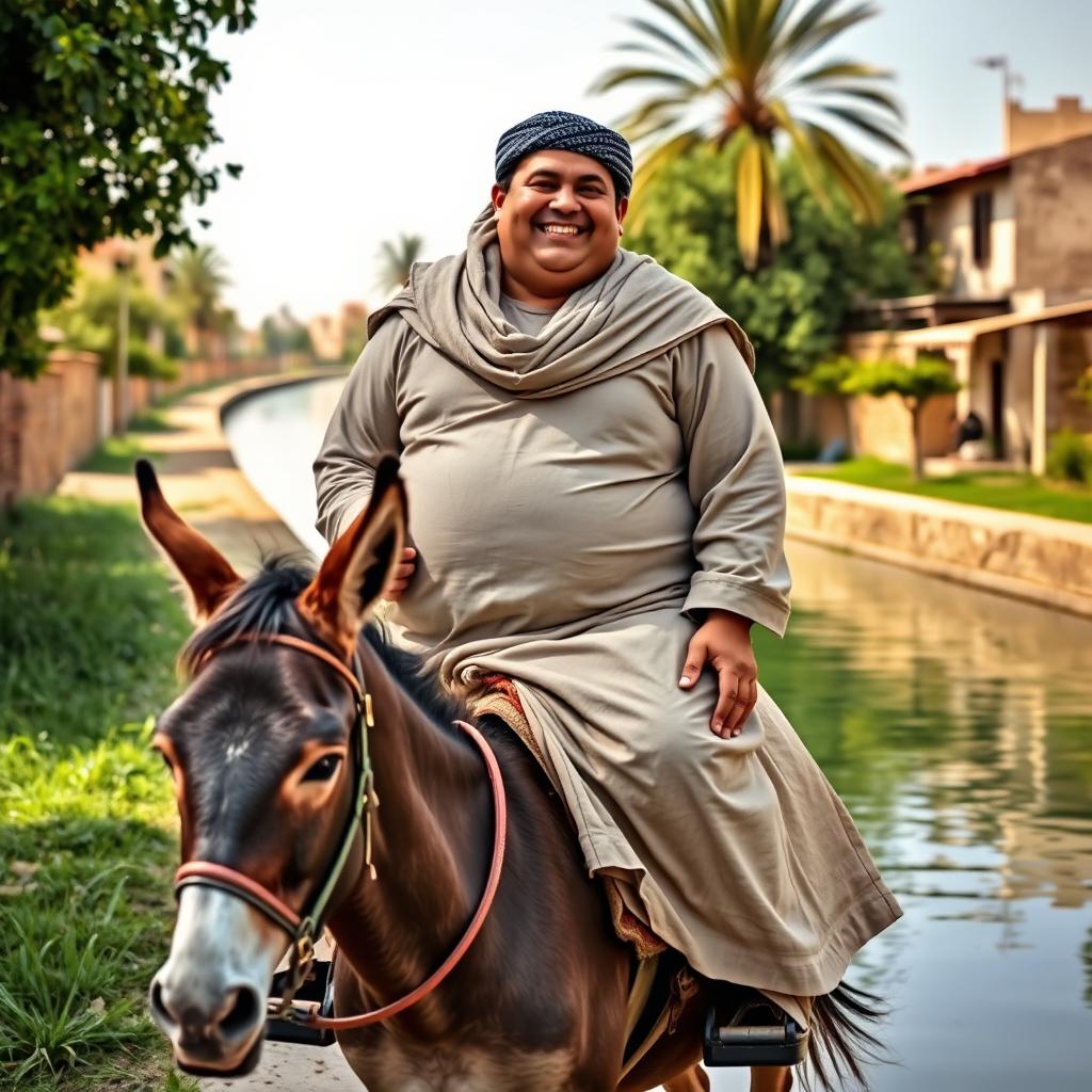 A plump man wearing a traditional jilbab, happily riding on top of a donkey while strolling in front of a scenic canal in rural Cairo