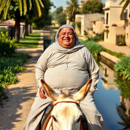 A plump man wearing a traditional jilbab, happily riding on top of a donkey while strolling in front of a scenic canal in rural Cairo