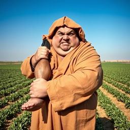 A plump man dressed in rustic robes, holding a man's thigh over his shoulder while glaring intensely at the camera