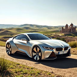 A futuristic white ecological BMW car designed with bionic elements, featuring a sleek low-rider profile