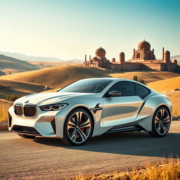 A futuristic white ecological BMW car designed with bionic elements, featuring a sleek low-rider profile