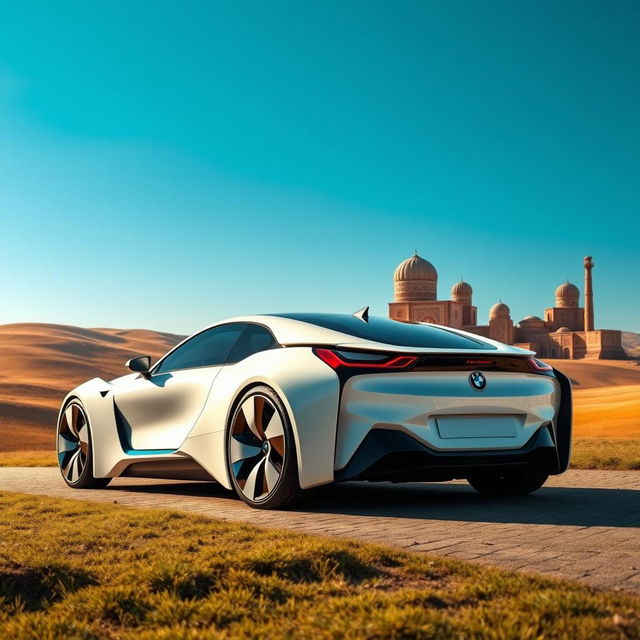 A futuristic white ecological BMW car designed with bionic elements, featuring a sleek low-rider profile