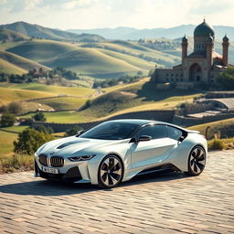 A futuristic white ecological BMW car designed with bionic elements, featuring a sleek low-rider profile