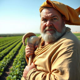 A plump man dressed in rustic robes, holding a lamb's thigh over his shoulder while glaring with an expression of hatred at the camera