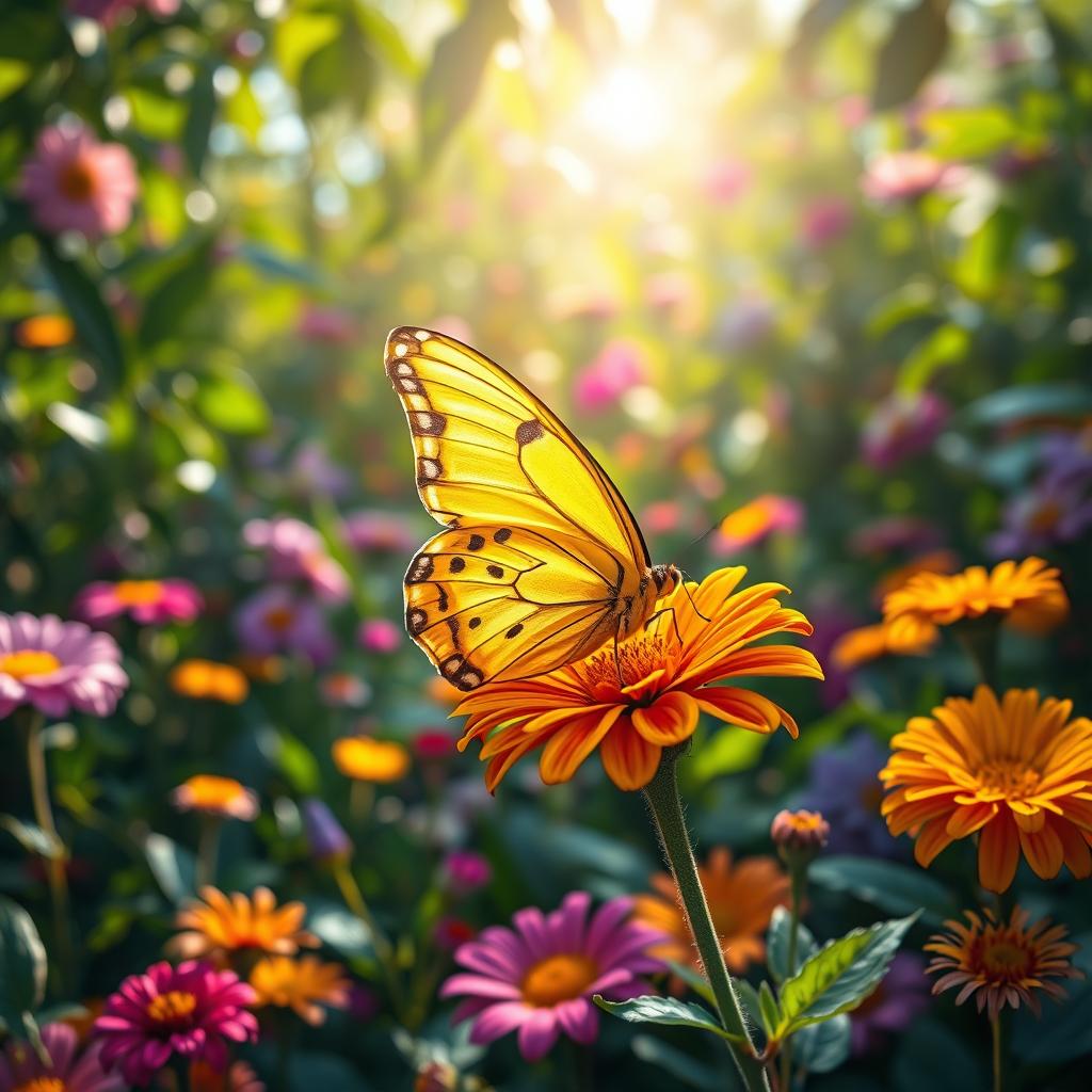 A stunning and vibrant image of a yellow butterfly (largata amarela) gently resting on a colorful flower in a lush garden setting