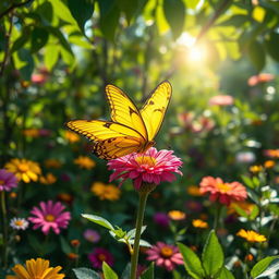 A stunning and vibrant image of a yellow butterfly (largata amarela) gently resting on a colorful flower in a lush garden setting