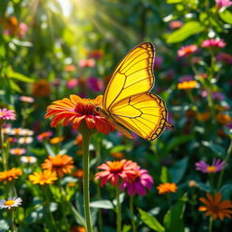 A stunning and vibrant image of a yellow butterfly (largata amarela) gently resting on a colorful flower in a lush garden setting