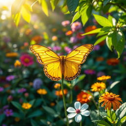 A stunning and vibrant image of a yellow butterfly (largata amarela) gently resting on a colorful flower in a lush garden setting