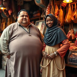 A plump man dressed in traditional peasant robes, positioned near a meat butcher shop