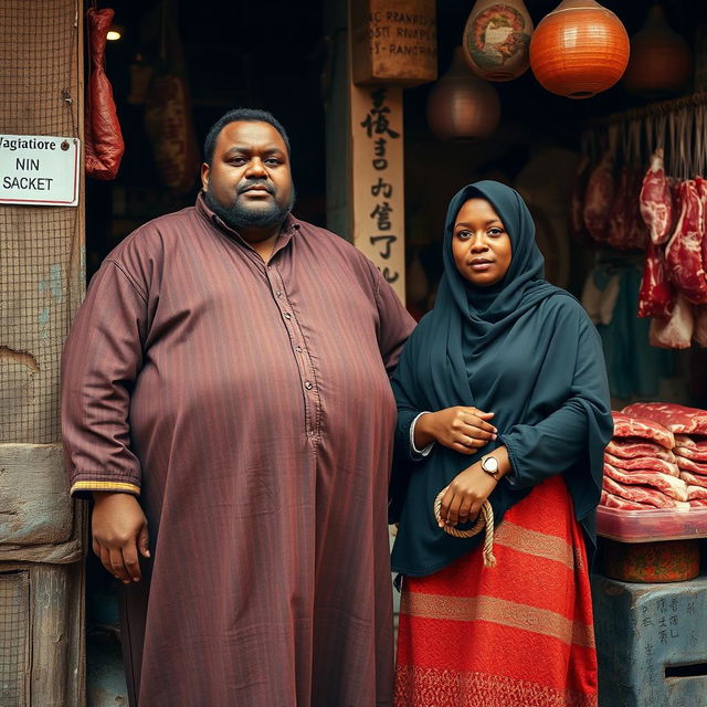 A plump man dressed in traditional peasant robes, positioned near a meat butcher shop