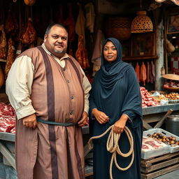 A plump man dressed in traditional peasant robes, positioned near a meat butcher shop