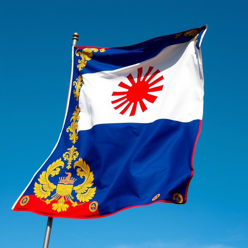 An artistic representation of the Russo-Japanese Imperial Federation flag, featuring an elaborate design that combines the elements of the Russian and Japanese flags