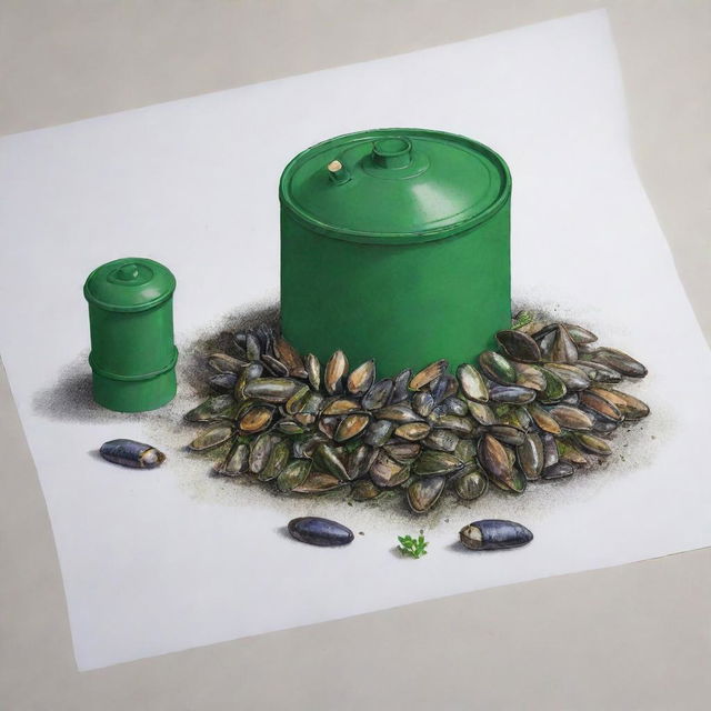 Create a simple 2D illustration of an experimental setup showcasing crushed green Asian mussel shells being used as a fire retardant in a fire sprinkler system. The drawing should include mussel shells, a crusher, a water tank, and a sprinkler system.