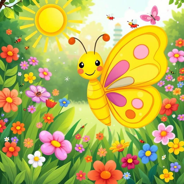 A whimsical and enchanting illustration of a yellow butterfly (largata amarela) designed for a children's book cover, with a playful and cartoonish style