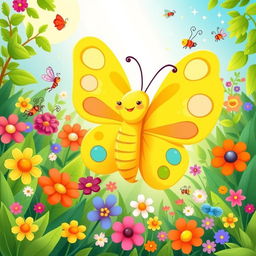 A whimsical and enchanting illustration of a yellow butterfly (largata amarela) designed for a children's book cover, with a playful and cartoonish style