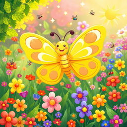 A whimsical and enchanting illustration of a yellow butterfly (largata amarela) designed for a children's book cover, with a playful and cartoonish style