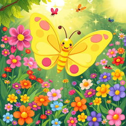 A whimsical and enchanting illustration of a yellow butterfly (largata amarela) designed for a children's book cover, with a playful and cartoonish style