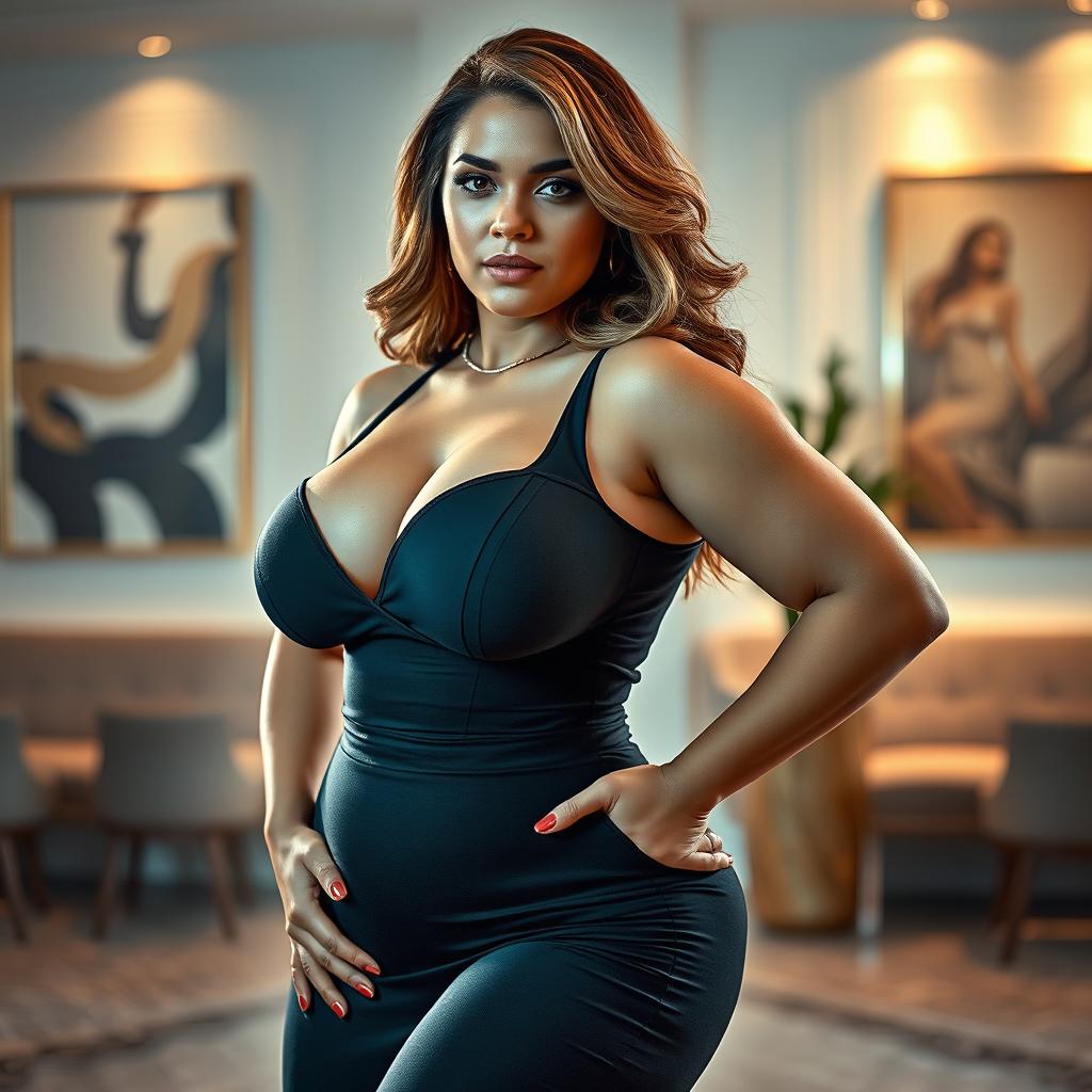 A confident and striking woman with curvy features, emphasizing her voluptuous figure