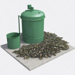 Create a simple 2D illustration of an experimental setup showcasing crushed green Asian mussel shells being used as a fire retardant in a fire sprinkler system. The drawing should include mussel shells, a crusher, a water tank, and a sprinkler system.