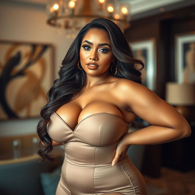 A confident and striking woman with curvy features, emphasizing her voluptuous figure